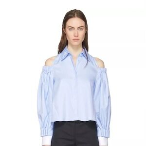 Fendi Women Cotton Piqué Cutout Trapeze Blue Cold Shoulder Button Up Blouse - 40